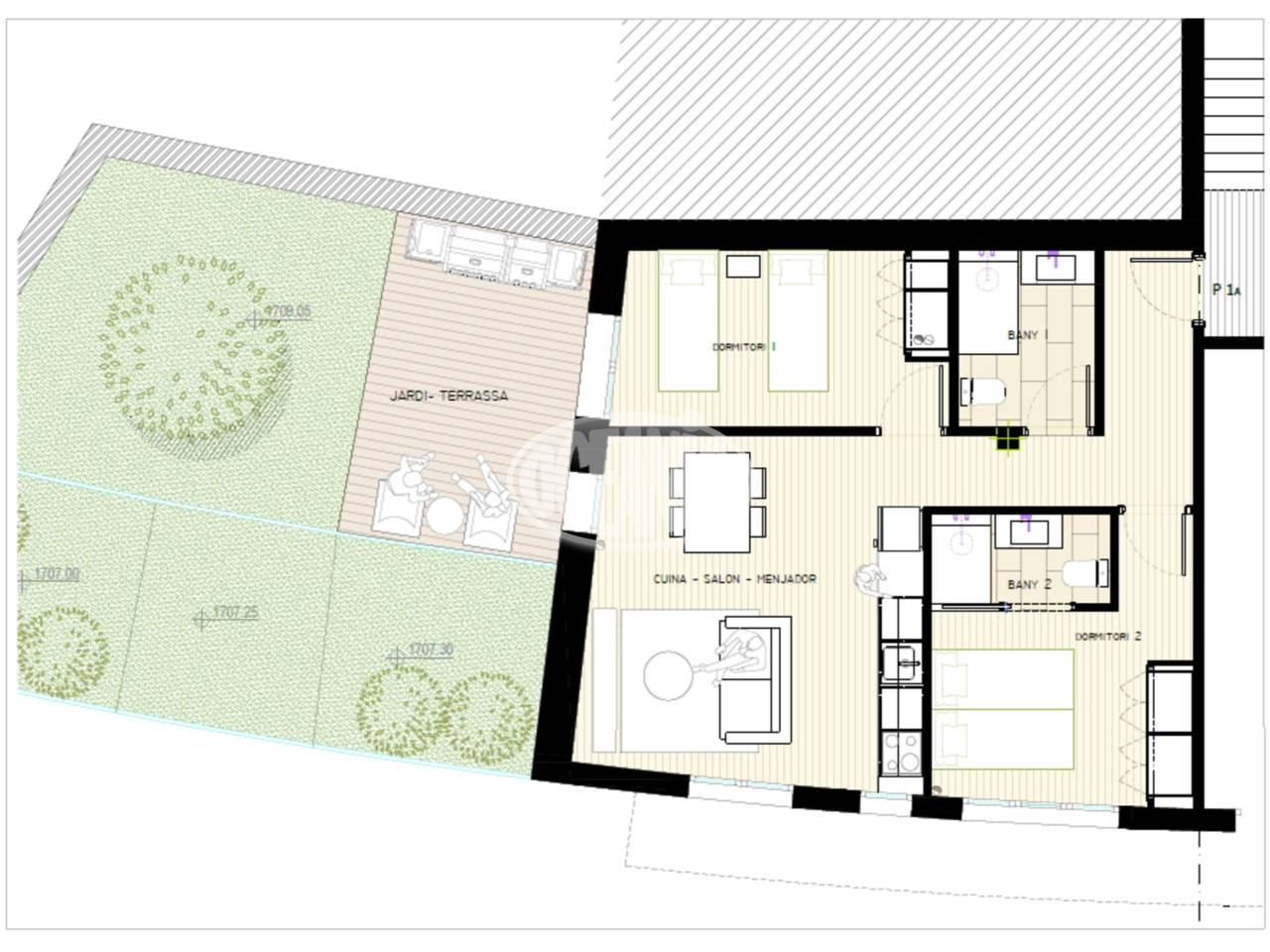 Baixos de nova construcció, de 66,83 m² amb jardí privat de 37,13 m² i plaça d'aparcament inclosa.