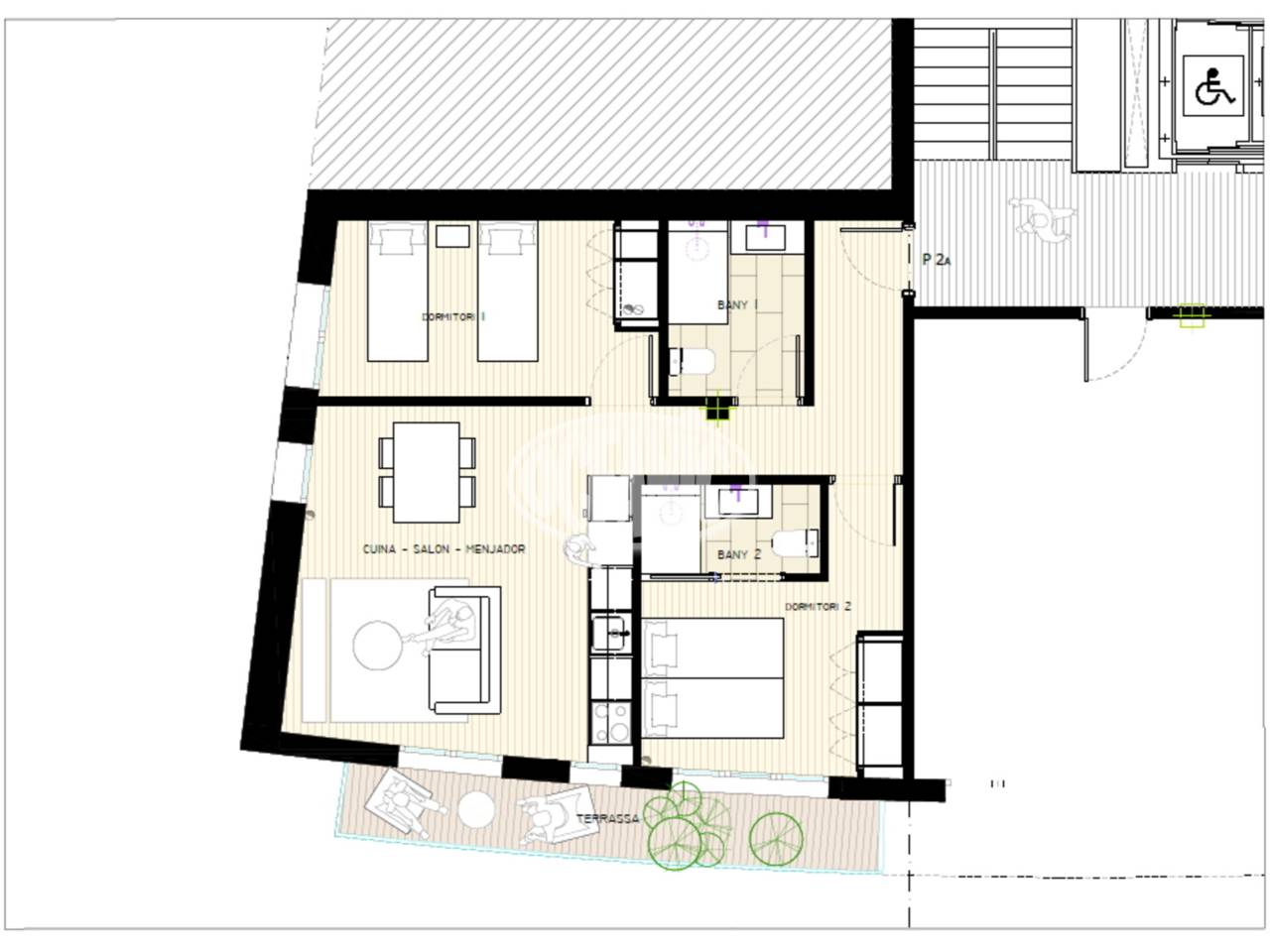 Piso de nueva construccion, de 66,83 m² con terraza de 28,48 m² y plaza de parking incluida.